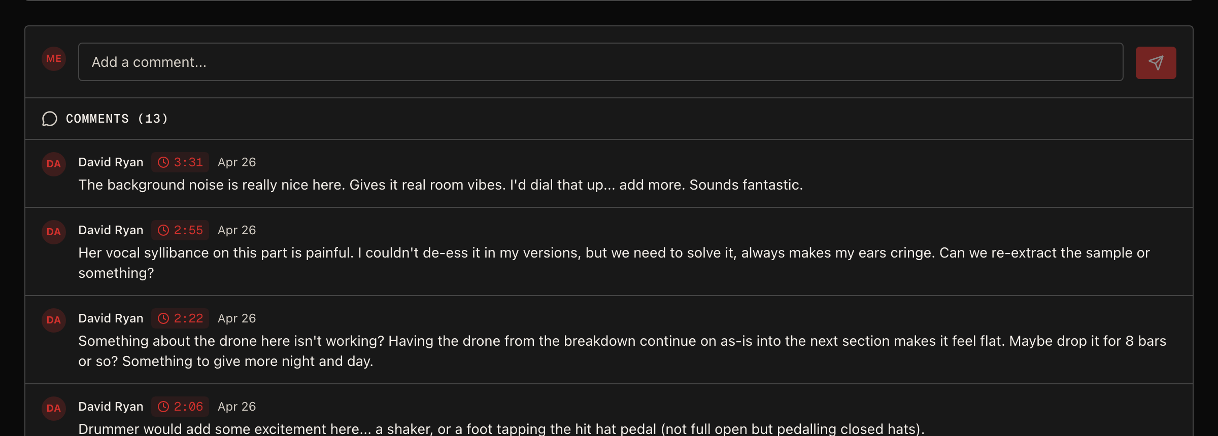 Sondbord timestamped producer comments