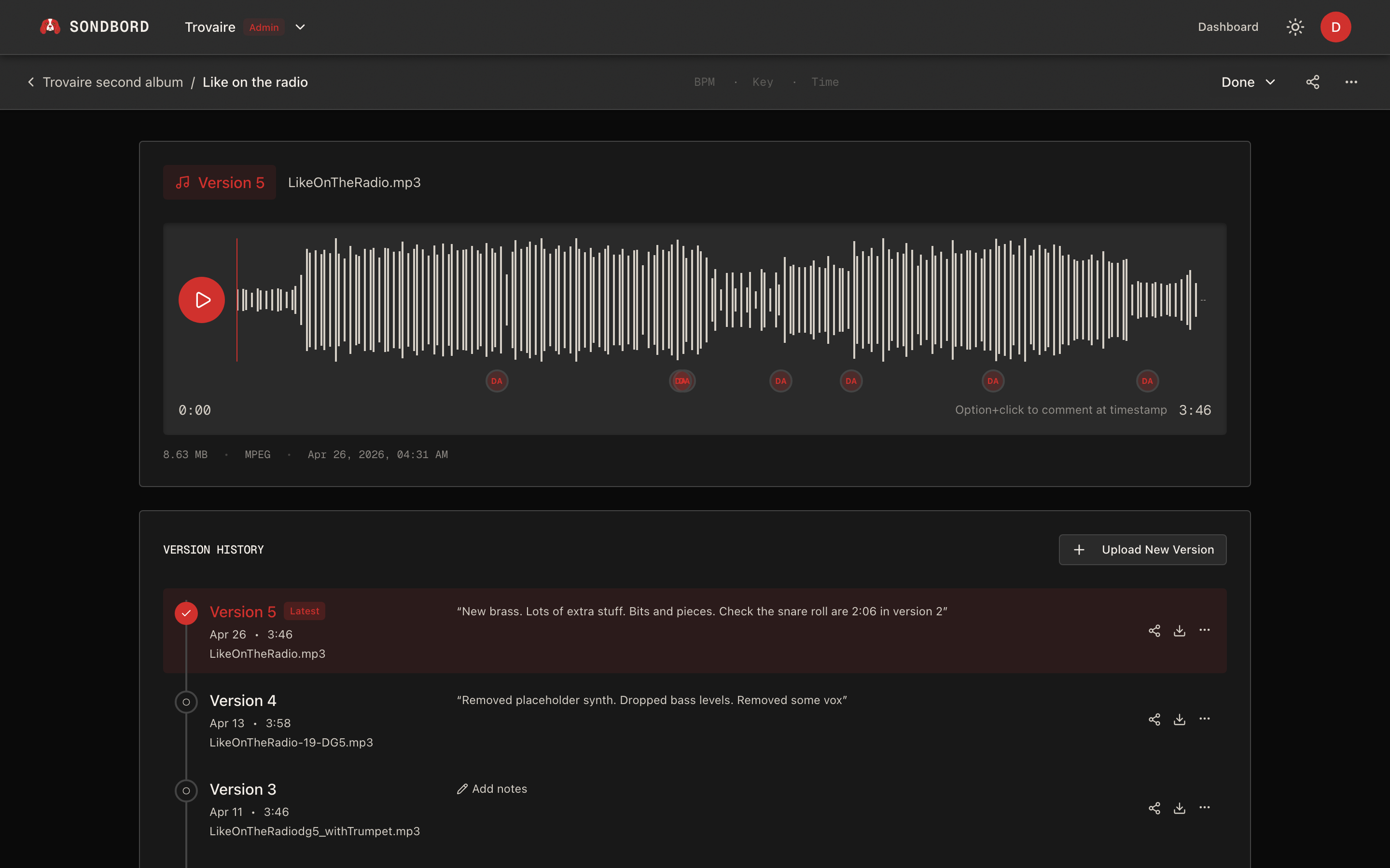 Sondbord waveform player and stacked version history